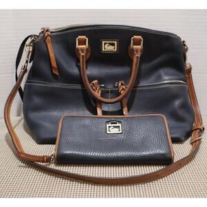 Dooney & Bourke Navy Blue Leather Satchel Dillen Double Pocket Matching Wallet